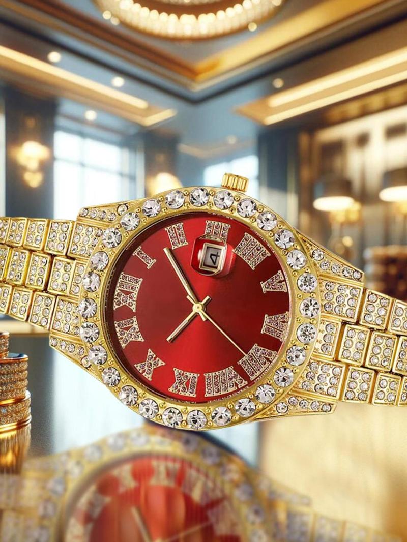 Product Introduction of Men's Luxury Rhinestone Decorated Analog Quartz Watch with Date Function, Fashion Watch for Party, Daily Decor, Trendy All-match & Exquisite Watch for Birthday Gift with Box 0