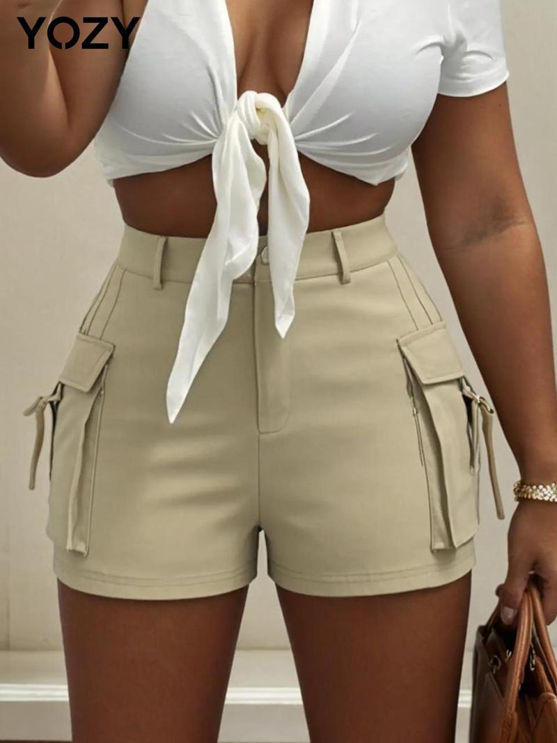 Product Introduction of YOZY Women's Plain Button Fly Pocket Cargo Shorts, Casual Solid Color Shorts for Summer, Women's Bottoms for Daily Wear 6