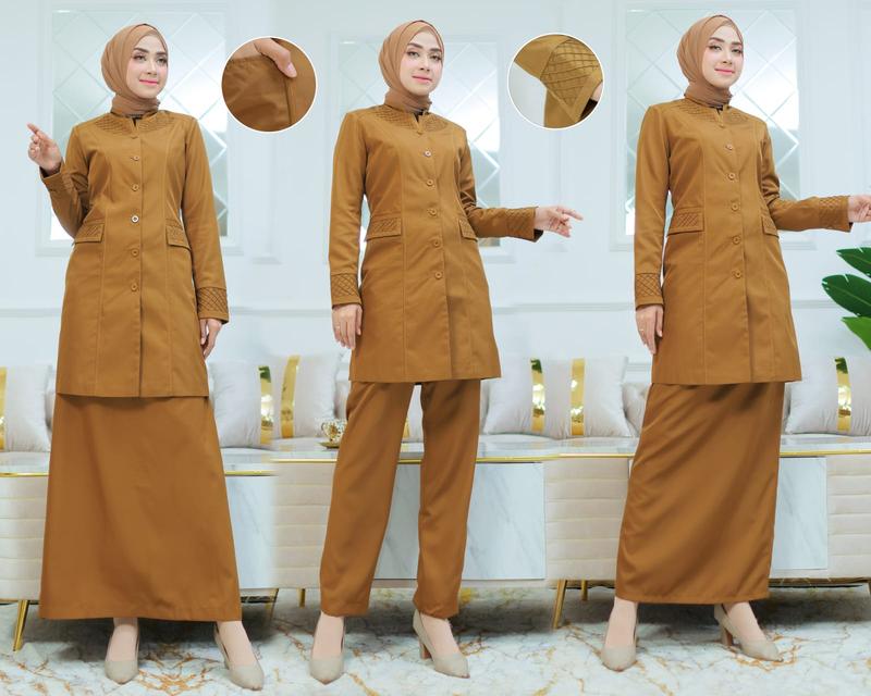 Seragam Kerja Tunik Stik Kotak Blazer Khaki Tua Setelan Rok Span/Rok.A/Celana Panjang/Atasan Saja Katun Free Hijab Putih Wanita 1