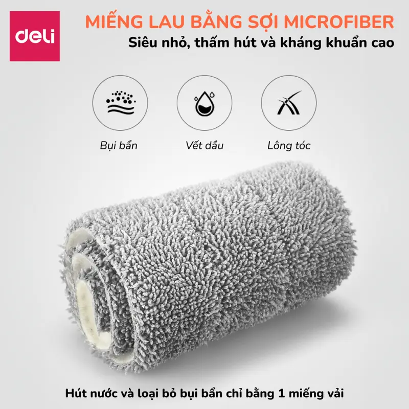 Cây lau nhà tự vắt có thùng 2 ngăn Deli, bộ chổi lau nhà 360 độ kèm bông lau microfiber siêu sạch, lau sàn nhà, sàn gỗ, kính và nhiều bề mặt khác Làm Sạch 6