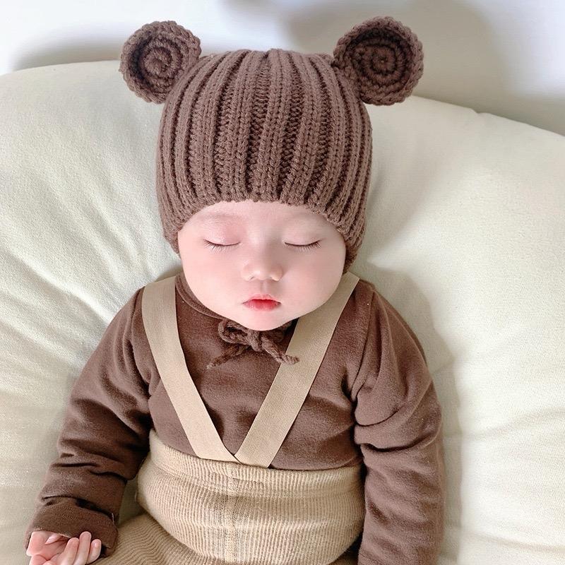 Mũ Len Tai Gấu Cho Bé Trai Bé Gái Có Dây Buộc