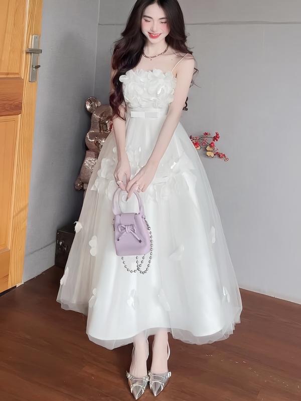 Đầm trắng đi tiệc bàn cô dâu, đi sinh nhật A573 kiểu cúp vòng 1 choàng cổ form xòe dài phủ chân chất tafta phối lưới mix hoa laser có đệm mút freesize KimHoa77 Kem Nữ Women Bo Chun Dress