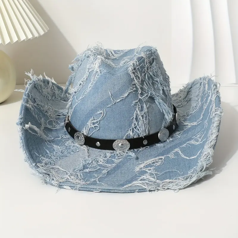 Retro Blue Western Cowboy Hat Women, Wide Brim Straw Rider Hat, Casual Outdoor BBQ Camping Photo Party Fashion 0