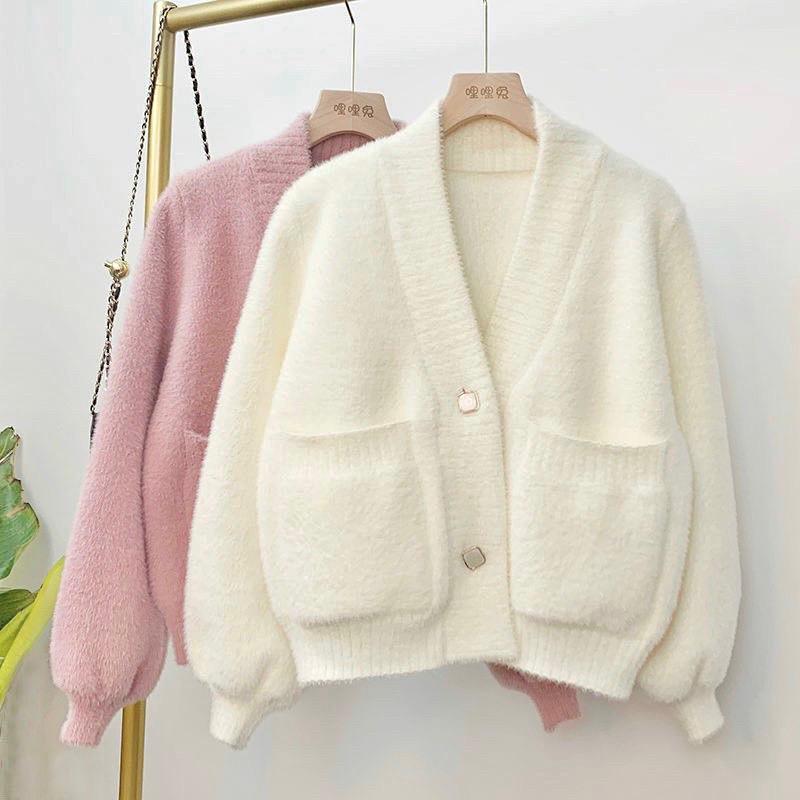 Áo cardigan len lông thỏ cúc ngọc tay bồng -H203 Nữ