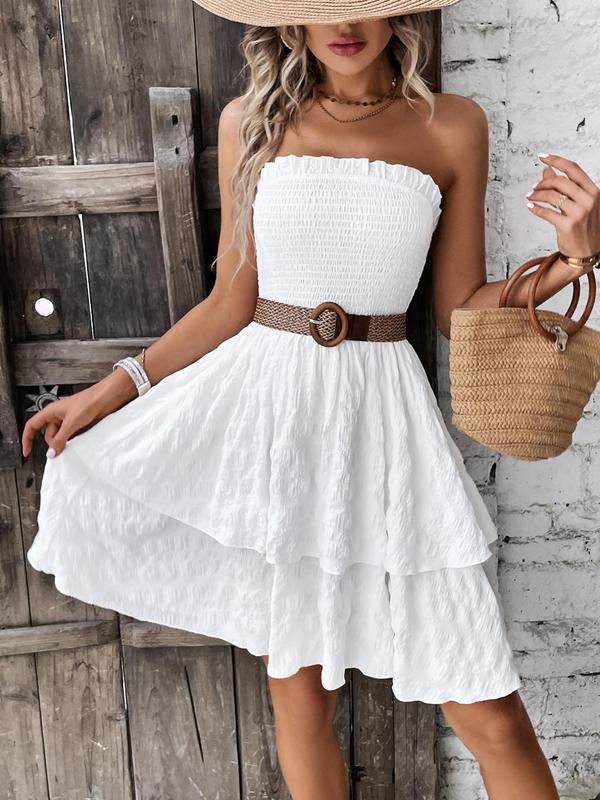 Women's Textured Frill Shirred A Line Dress, Boho Sleeveless Strapless Knee Length Dress for Beach Holiday Vacation, Ladies Summer Clothes, Summer Outfits 2024 8