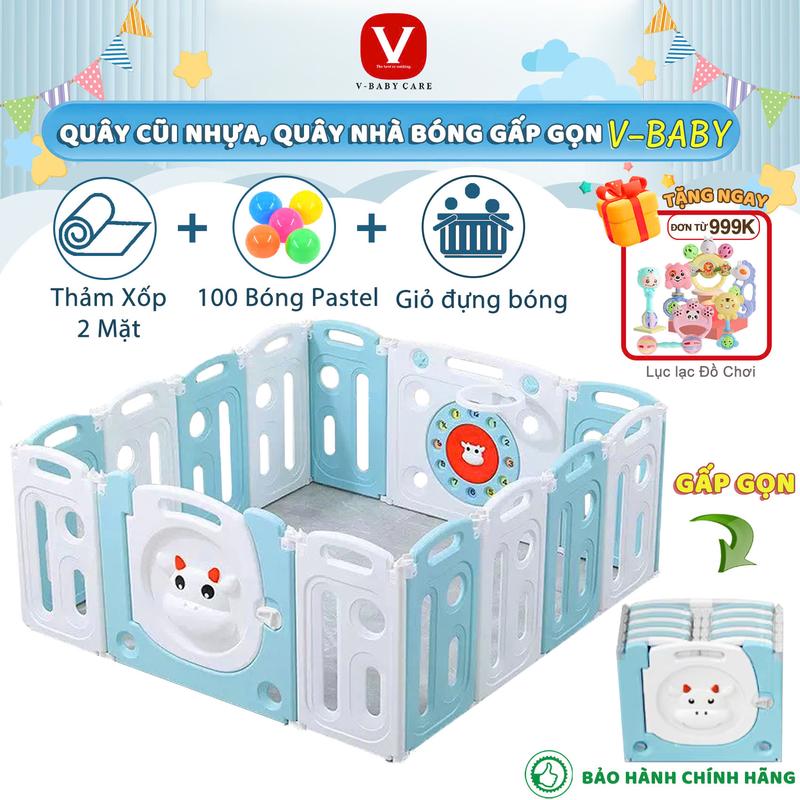 Quây Cũi Nhựa Gấp Gọn V-BABY NEW 2025 Tặng Bóng Rổ Thảm Và Giỏ Đựng Bóng - Đồ Chơi Cho Bé