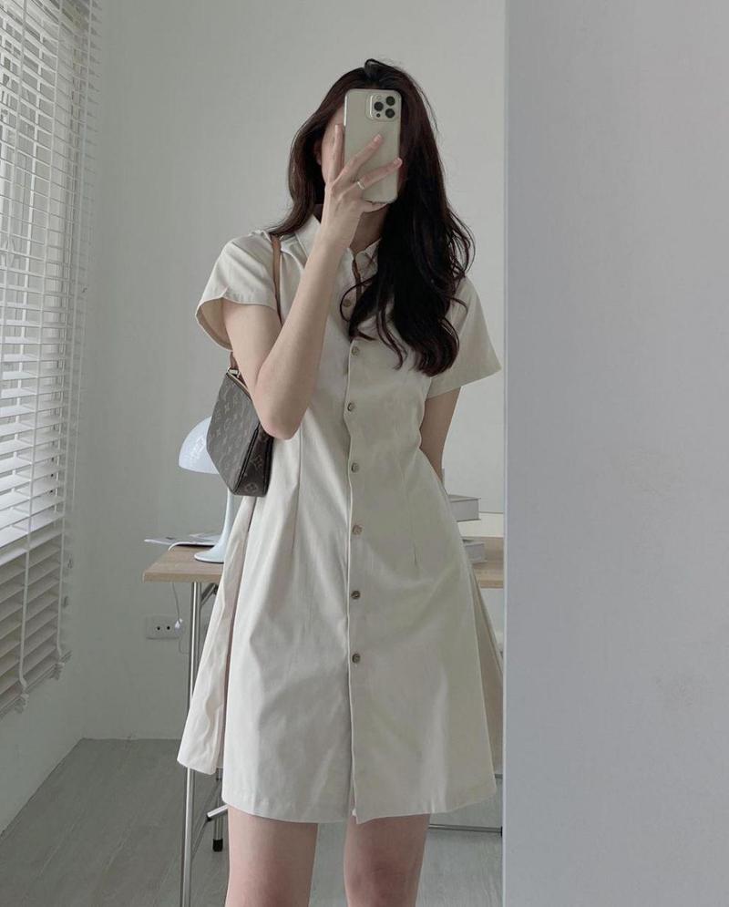 Product Introduction of Y#0925-03  Minimalist style lapel dress, Korean version summer single breasted, waist cinching short sleeved shirt dress, solid color dress Casual Womenswear Lingerie Gowns Basic Women Lady Casual Wear Comfort Dresse Button 2