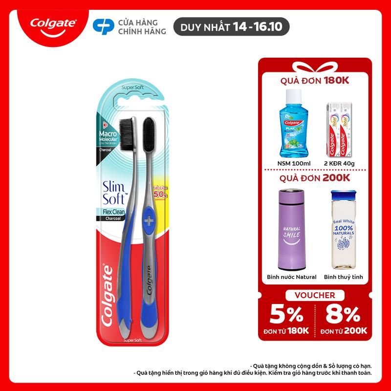 [Duy nhất 14-16.10] Bộ 2 Bàn chải đánh răng Colgate than hoạt tính kháng khuẩn Slimsoft Flex Clean Charcoal nguyên khối