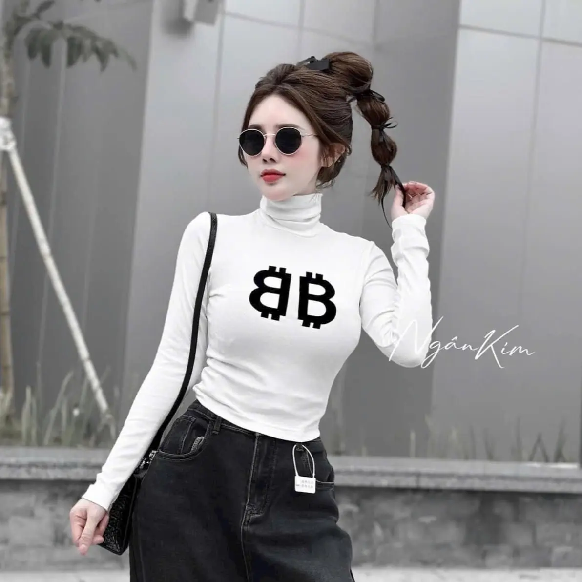 Áo Thun Croptop Cổ Lọ 5 Phân Dài Tay có in chữ,chất mềm mịn C15 Trơn Trơn Trơn Nữ Top Women Voi Cổ Tròn