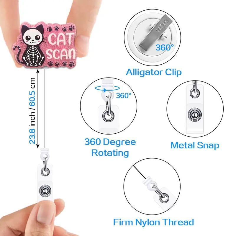 Cute Cat Scan Slogan Pattern Badge Holder, 1 Count Retractable Badge Reel, Identification Badges & Supplies for Nurse Doctor Student Office Staff 2