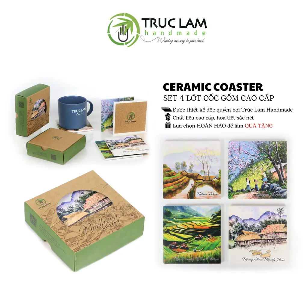 Bộ Lót Cốc Gốm Men Mờ 4 Chiếc Hình Vuông Siêu Thấm Nước Có Đế Gỗ Chống Trơn Trượt ASS181 Trúc Lâm Handmade