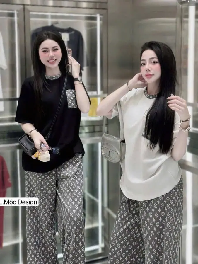 Set phông túi ngực họa tiết kèm quần suông cạp chun siêu Hot TOP