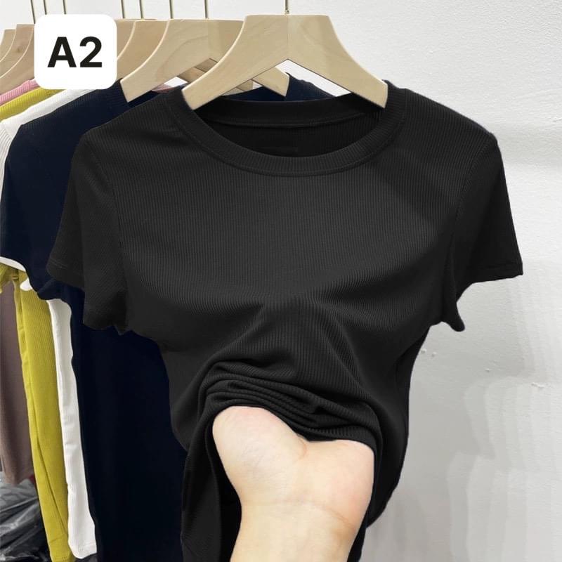Áo Thun Nữ Hàn Quốc Tay Ngắn Cổ Tròn Trơn Ôm Body Chất Liệu Borip coton Cotton Women Top Đen 3