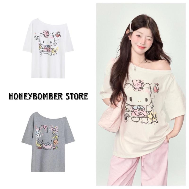  Áo Thun Trễ Vai Hello Mèo Xinh  FREESHIP Áo Phông Nữ Form Rộng Phong Cách Ulzzang 