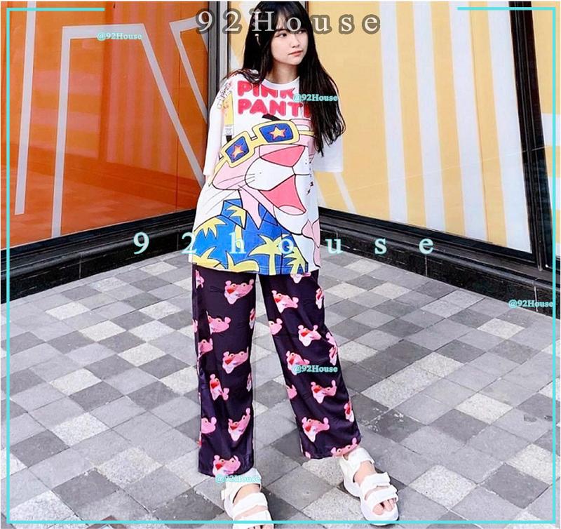 Bộ dài hoạt hình báo hồng đồ nhóm đi biển áo thun tay lỡ unisex  + Quần dài cartoon báo hồng freesize phom rộng