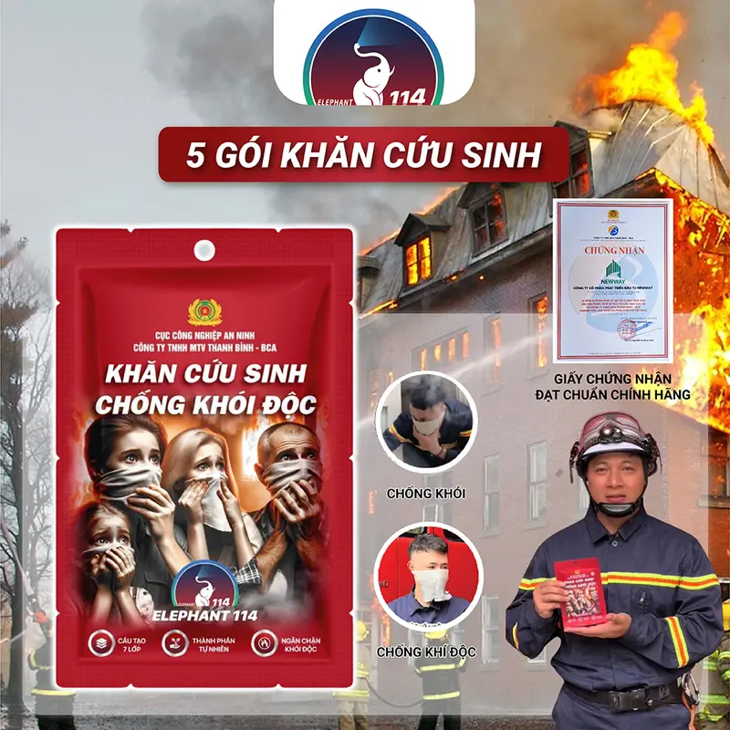 Mặt nạ phòng độc, chống khói dạng khăn cứu sinh, chặn khói và khí độc phòng khi chạy nhà, hỏa hoạn - 5 gói 0