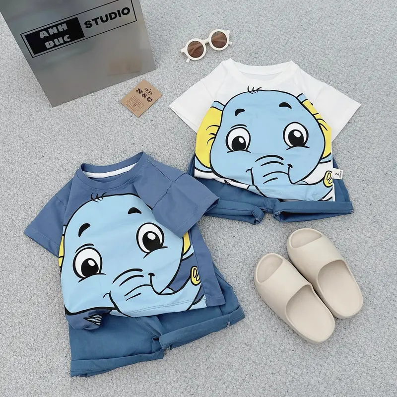 7-30kg  Set Bộ Quần Áo Cotton In Hình Chú Voi 2 Màu Cho Bé 0