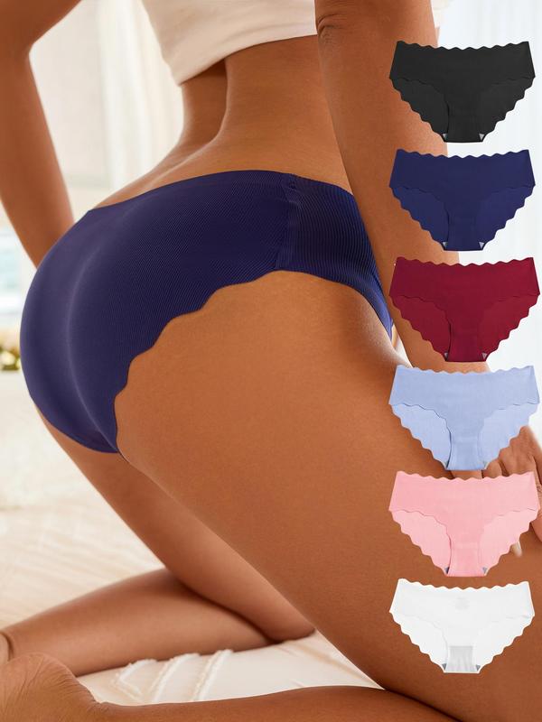 Women's 6pcs Minimalist Solid Scallop Trim Panty, Lady Basic Soft Comfort Seamless Knickers for Daily Wear All Seasons, Womenswear Underwear 6