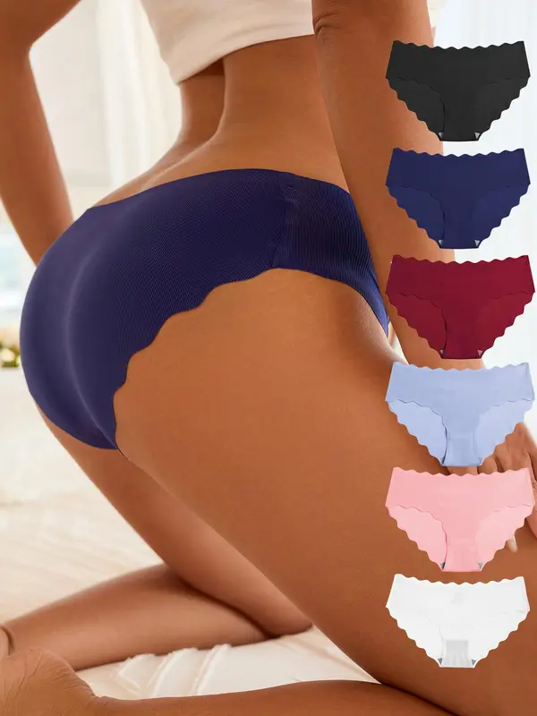 Women's 6pcs Minimalist Solid Scallop Trim Panty, Lady Basic Soft Comfort Seamless Knickers for Daily Wear All Seasons, Womenswear Underwear 6