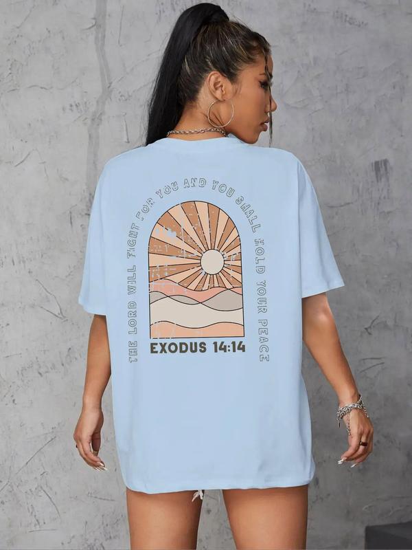 Women's Round Neck Drop Shoulder Graphic Tee, Summer Clothes Women, Casual Half Sleeve Crew Neck T-shirt for Summer, Women's Top for Daily Wear, Women's Clothing 6