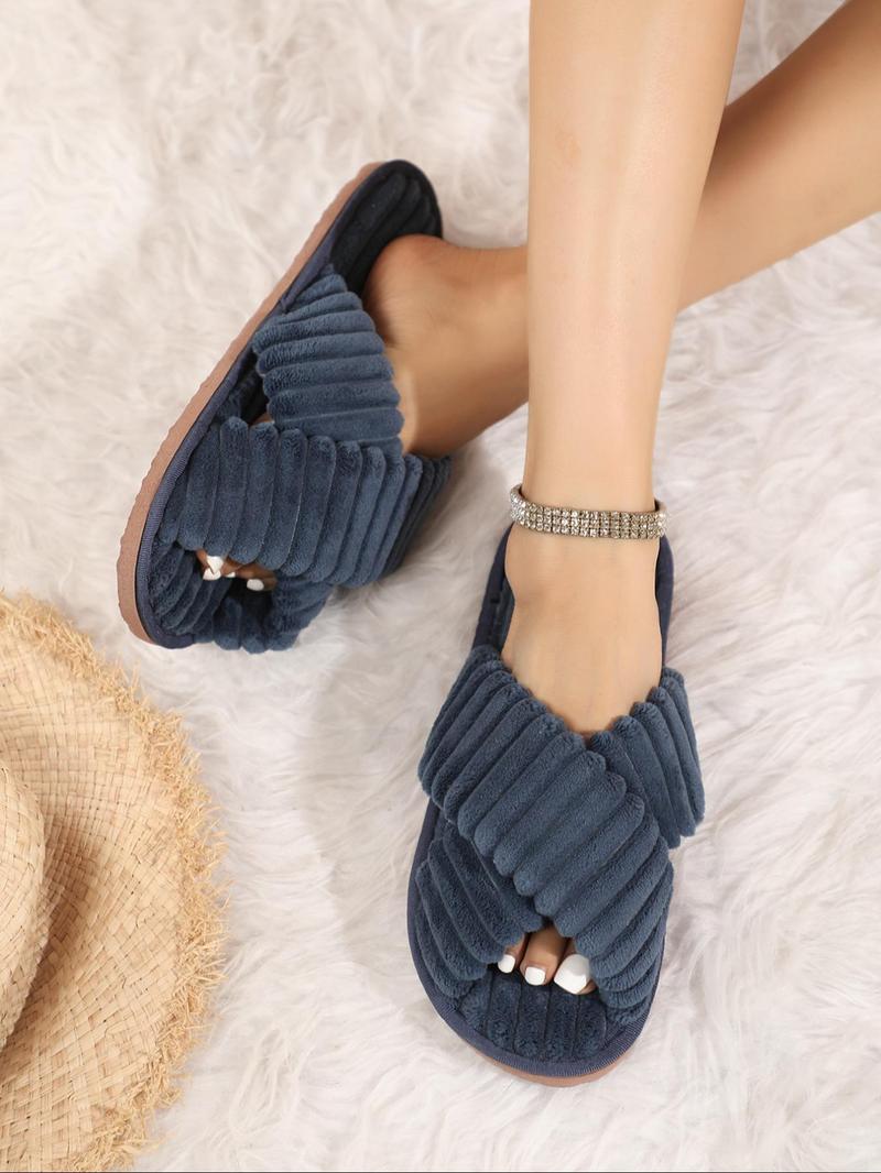 Product Introduction of Women's Solid Color Criss Cross Design Plush Slippers, 2024 New Style Casual Soft Comfortable Home Slippers, Warm Slippers for Indoor & Outdoor Use for Fall & Winter 13
