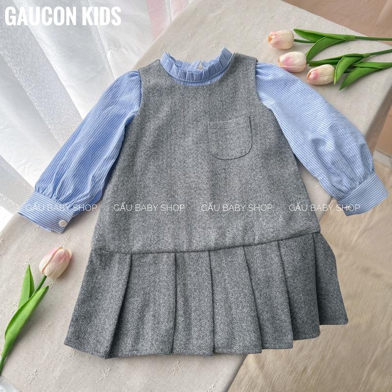  Set váy dạ xám + áo sơmi kẻ cho bé gái 8-30kg - V134 