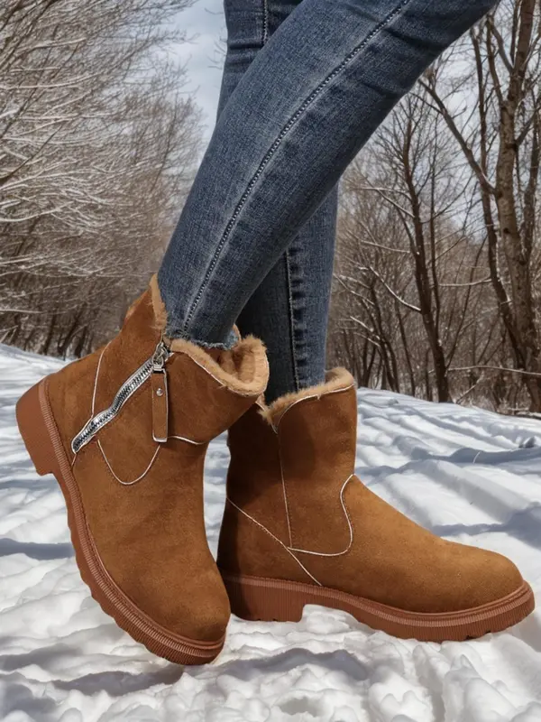 Women's Solid Color Zipper Side Warm Snow Boots, Casual Sporty Plush Ankle Boots for Outdoor Wear, Non-slip Outdoor Shoes for Women & Girls 0