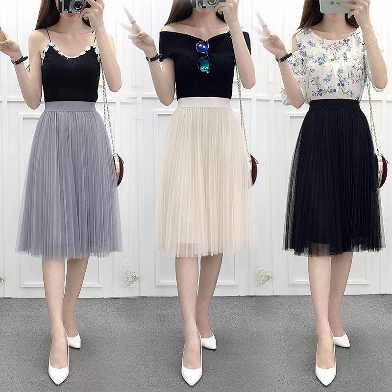 Women's Summer New Mesh Skirt Pleated A- line Skirt High Waist All-Matching Skirt Tulle Skirt 1