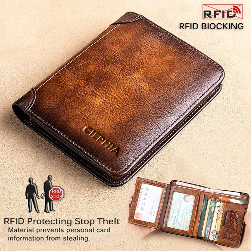 PU leather Rfid Protection Wallets for Men Vintage Thin Short Multi Function ID Credit Card Holder Money Bag