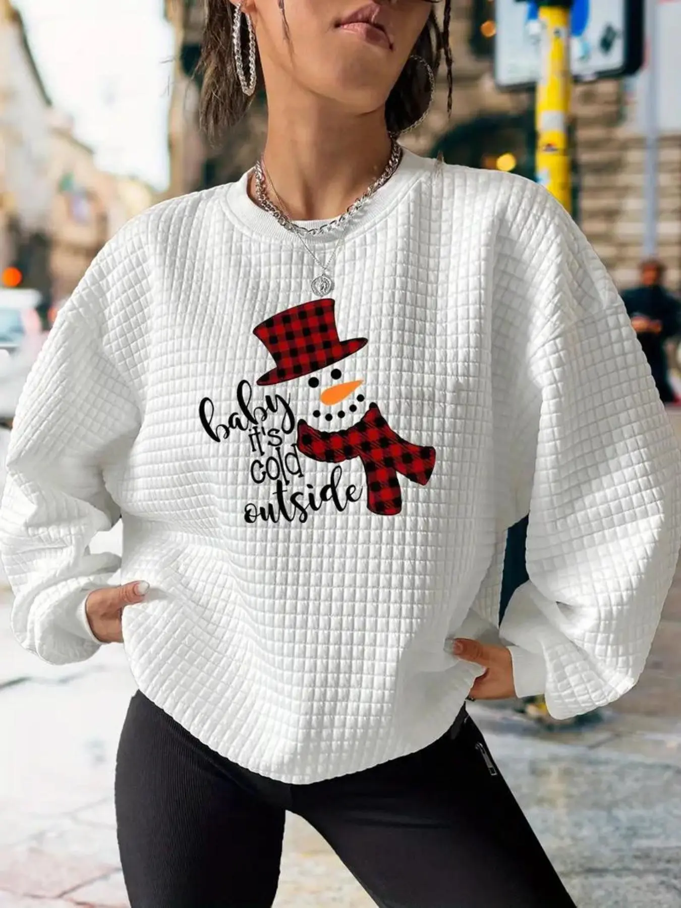 【Plus Size】 Christmas Snowman Print Waffle Knit Pullover Sweatshirt, Casual Long Sleeve Crew Neck Sweatshirt for Fall & Winter, Women's Clothing for Daily Wear