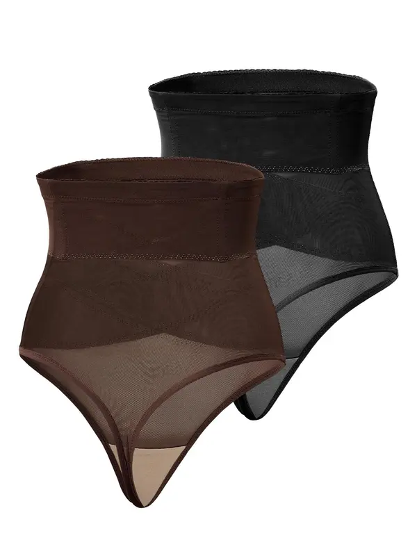 Women's Contrast Mesh Shapewear Thong, Breathable High Waist Shapewear Bottom for Daily Wear, Tummy Control Butt Lifter, Minimalist Basic Underwear, tummy tuck garment 7
