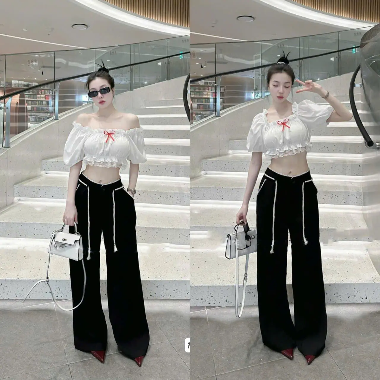 Áo Croptop thun ôm eo xinh sắn họa tiết phối nơ, Mặc Được 2 kiểu /Tone Màu Trắng Hot Trend - Hanni Top , Up.Studio "TOP WOMEN"