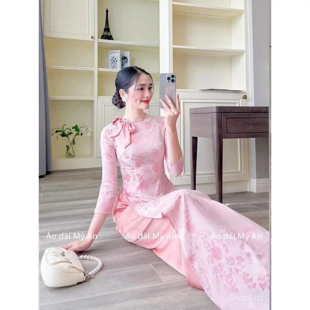 Áo dài cách tân, truyền thống GẤM HOA HỒNG gắn nơ cổ tròn màu hồng dịu dàng nữ tính, áo dài giáo viên, áo dài Mieso