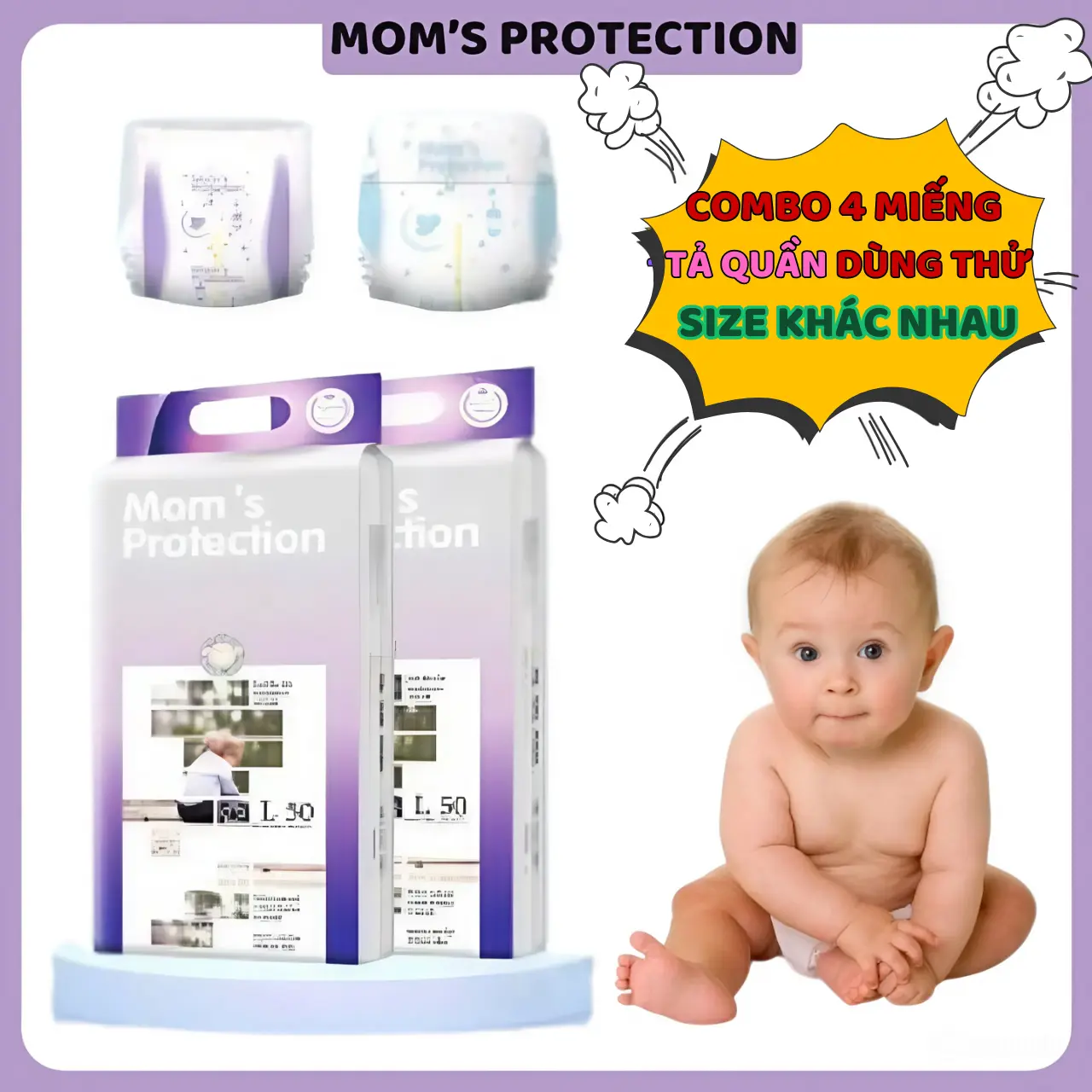 Combo 4 miếng BỈM / TẢ QUẦN Mom's Protection dùng thử SIZE KHÁC NHAU cho trẻ em từ 0-3 tuổi