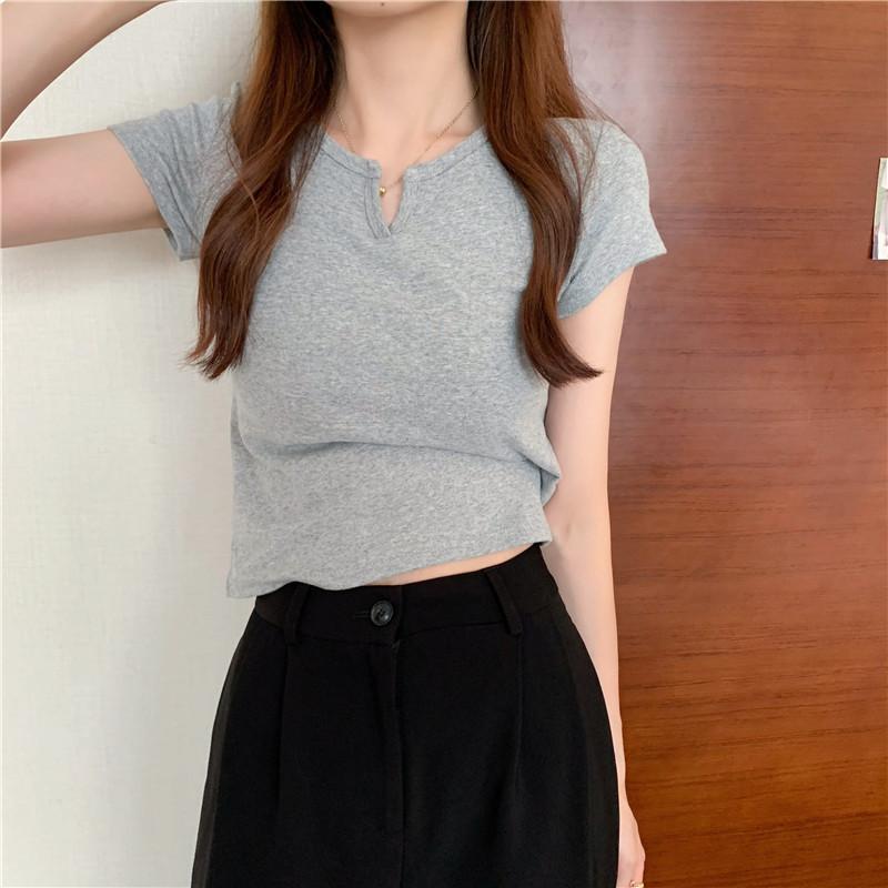 Product Introduction of Summer slim fit crop top spicy girl outfit T-shirt short sleeved plain color, comfortable and breathable, paired with jeans 27