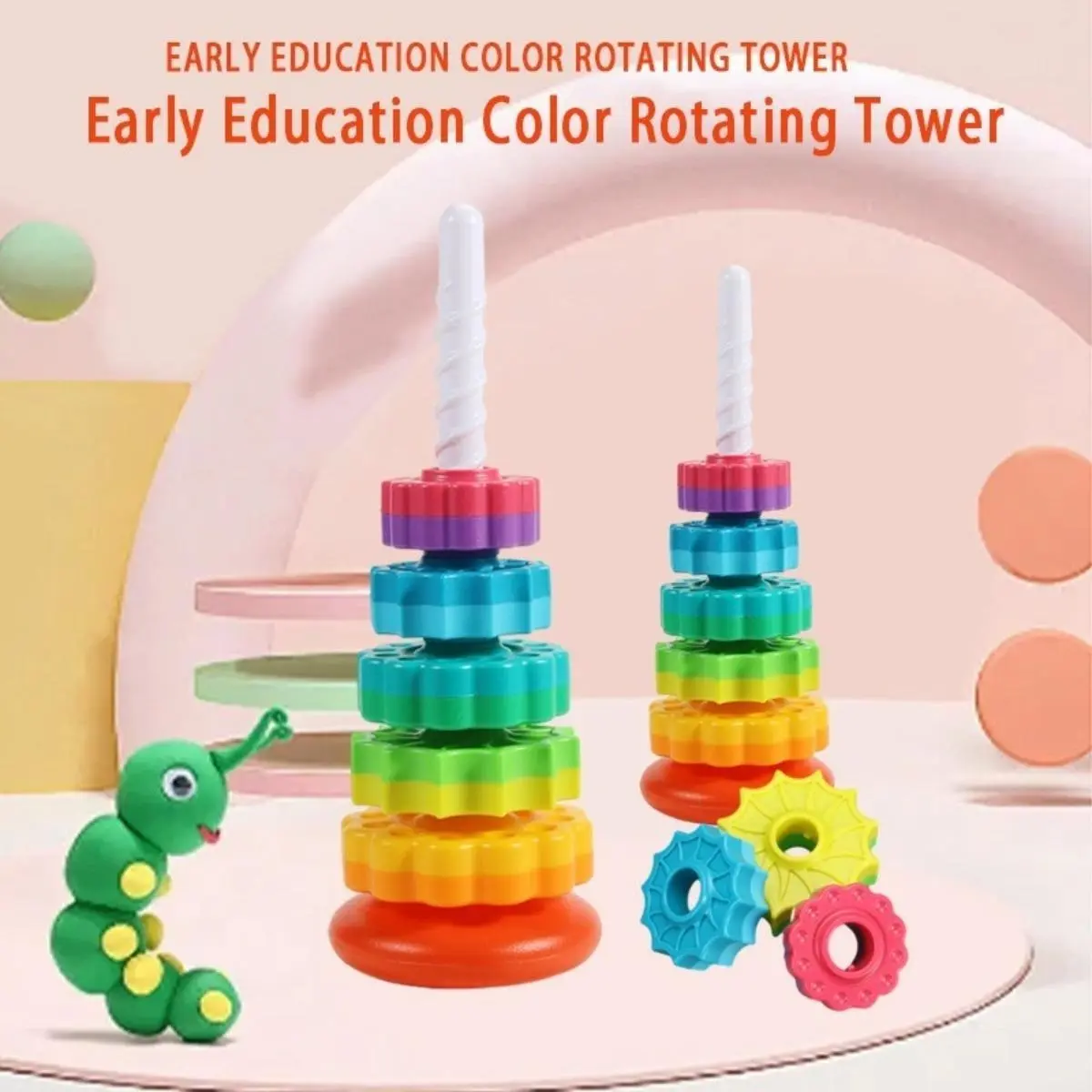 Mainan Menara Berputar Menyusun Pelangi, untuk Bayi, Pendidikan Awal, Latihan Tangan dan Motor Halus, Warna, Sesuai untuk Kanak-kanak Kecil dan Kanak-kanak, Hadiah Kanak-kanak Toys Kartun Monkey