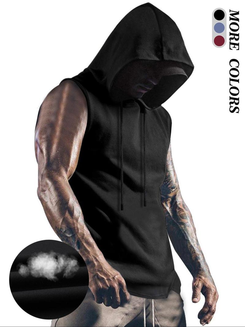 Product Introduction of Men's Solid Color Drawstring Asymmetrical Hem Hooded Tank Top, Regular Fit Casual Comfy Soft Fabric Sleeveless Top for Daily Wear, Menswear for All Seasons 1