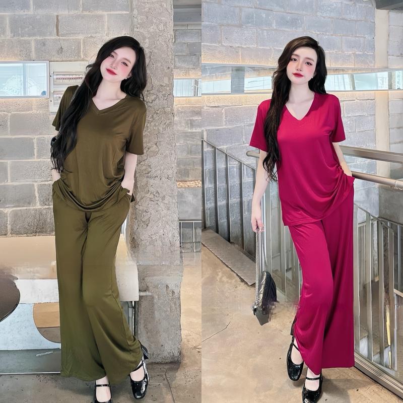 Bộ Mặc Nhà Thun Lạnh Cổ Tim Quần Dài Ống Rộng Nữ Women Cotton Top Áo Voi