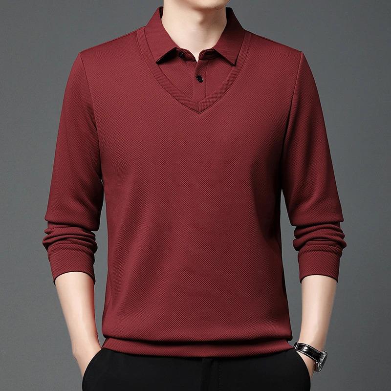 Product Introduction of Men'S Long Arm Polo Shirt Korean-Style Fake Two-Piece Business Men'S Casual Fashion Long-Sleeved Solid Color Lapel Shirts Comfortable All-Match Top For All Seasons Menswear Lingerie 21