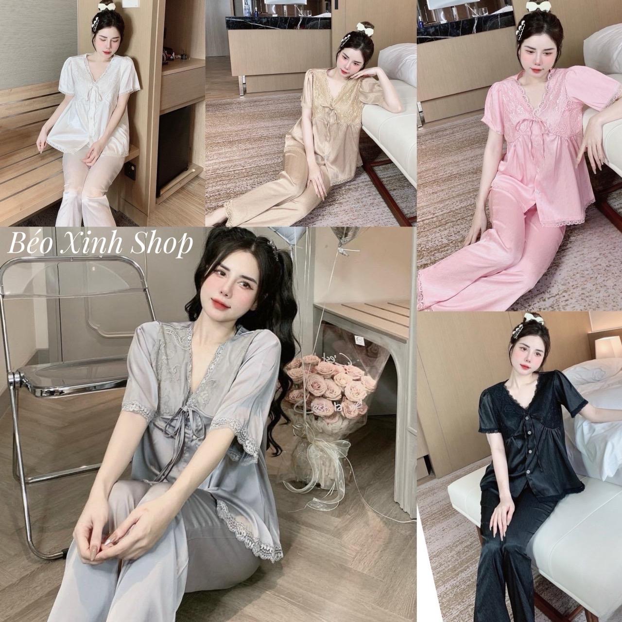 Đồ Bộ - Đồ Ngủ Quần Áo Vải ( Lụa LaTin Phối Ren) Cao Cấp Tay Ngắn Quần Dài Pijama Bigsize 50-100kg Nữ Pants Lịch Quần Ngủ - A.5424