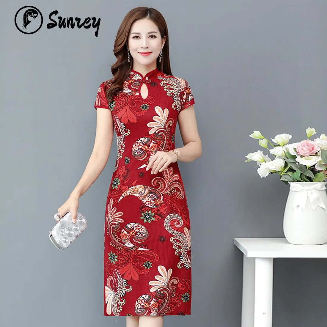 Váy Trung Quốc cho phụ nữ, Sunrey, Chiều dài Midi, Sườn xám, Họa tiết Cổ Điển, Xẻ Bên, Váy dự tiệc Qipao