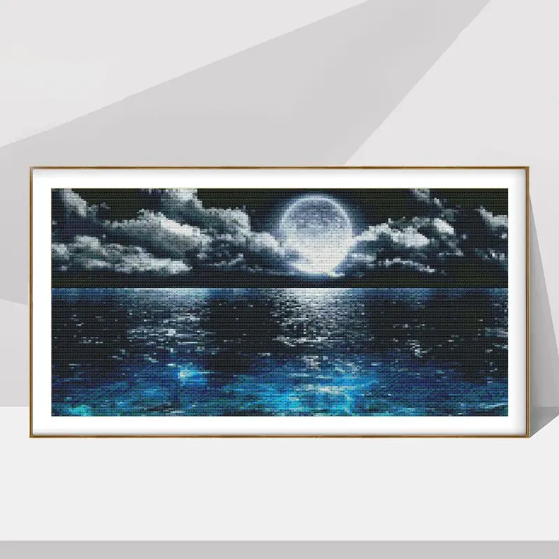 Ocean Moon Pattern Counted Cross Stitch Kit, DIY Painting Cross Stitch Needlework Set, Home Decoration Supplies 0