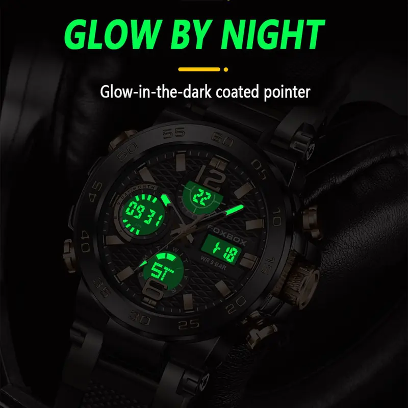 LIGE x FOXBOX jam tangan pria digital modis baru dengan layar ganda jam tangan kuarsa olahraga tahan air bercahaya Watches 5