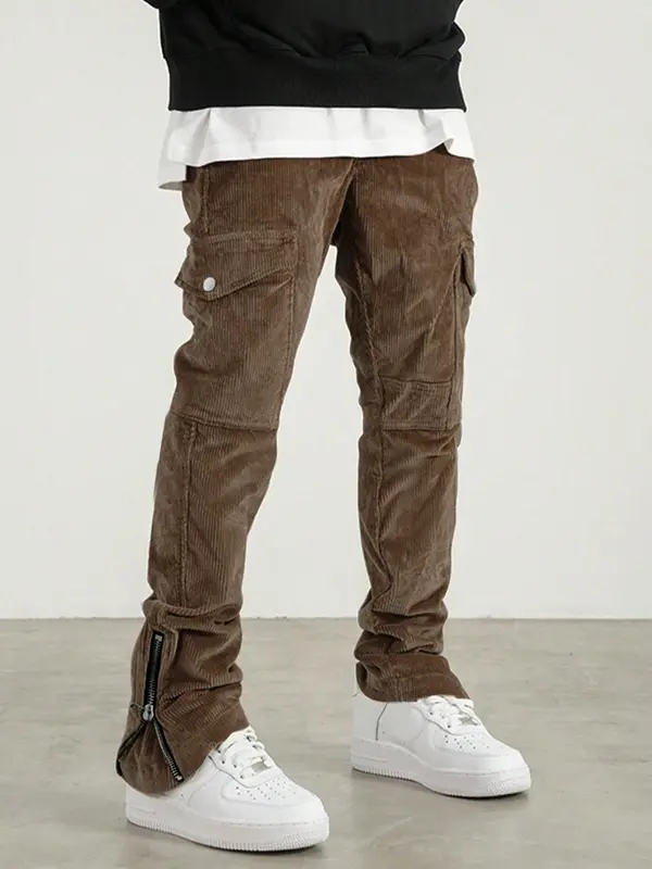 Men's Plain Flap Pocket Drawstring Waist Corduroy Cargo Pants, Regular Fit Street Fashion Zipper Split Trousers For Daily Wear, Men's Bottoms For Fall & Winter 4