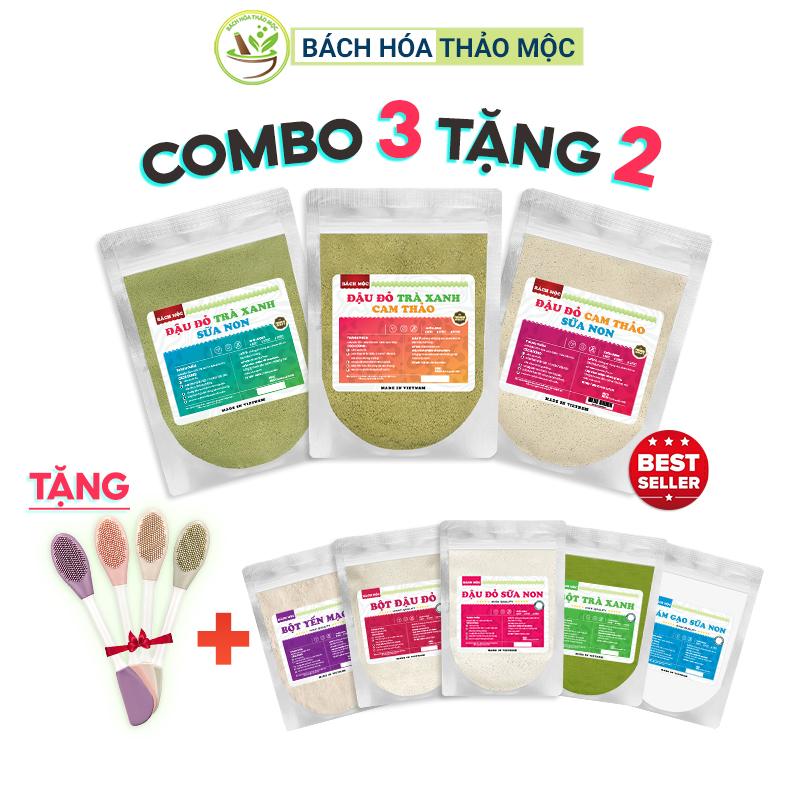 Combo 3 Tặng 2 200g túi 3 Gói Bột Dưỡng Da Đậu Đỏ Trà Xanh Cam Thảo BÁCH MỘC Tặng Bột Nguyên Chất + Cọ Silicon 2 Đầu Đắp Mặt Nạ Massage Nữ Women Skincare Làm Đẹp Da obaxua