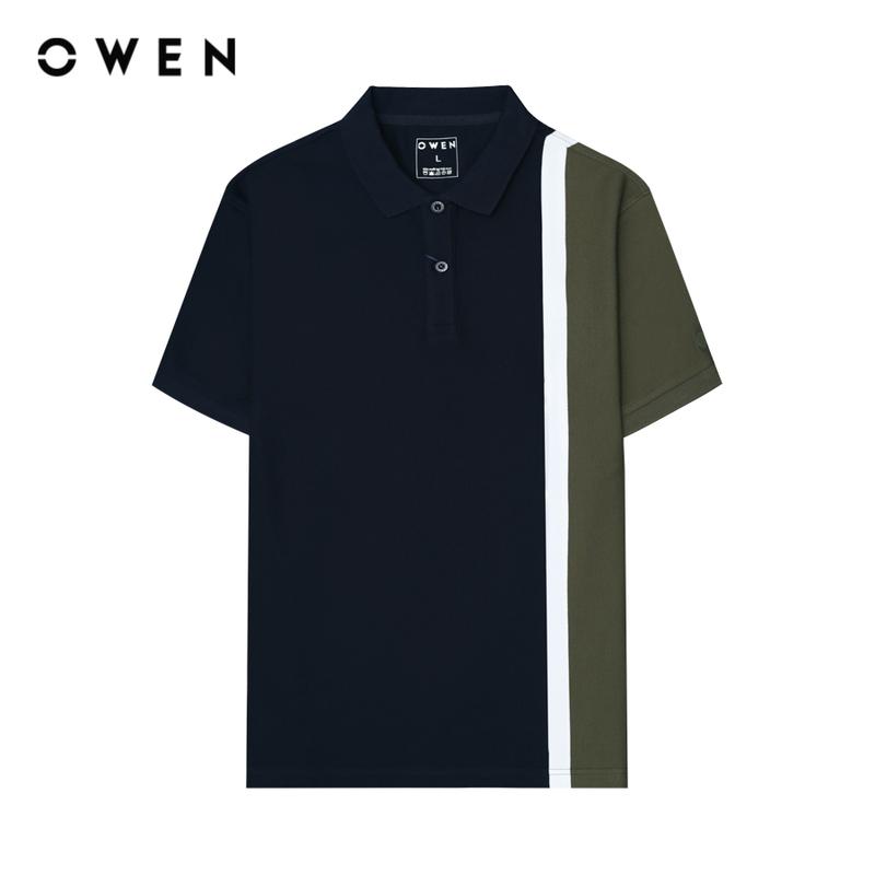 OWEN - Áo polo Nam ngắn tay Body Fit APV243784 màu Xanh tím than Chất liệu CVC Spandex  Hoạ tiết Kẻ sọc Menswear