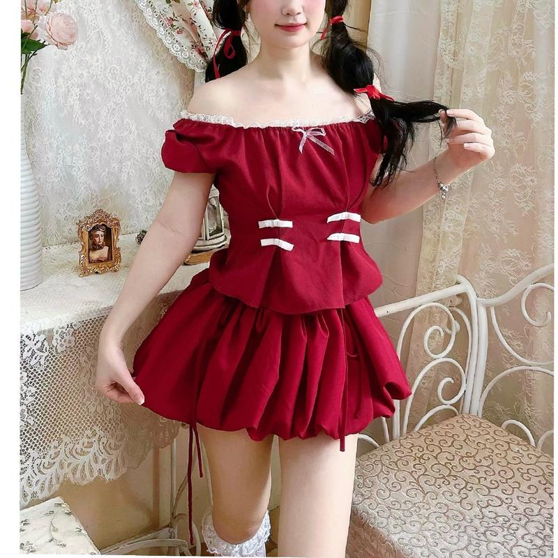 Set Áo Kiumi và Chân Váy Bí Phồng Xoè form ngắn đồ diện Tết 2025, Nữ Top Women