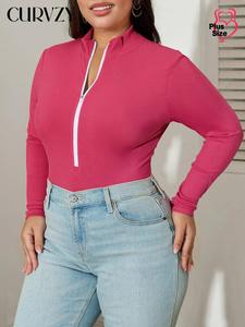 CURVZY Plus Size Solid Zip Up Mock Neck Bodysuit, Casual Long Sleeve Bodysuit for Spring & Fall, Women's Clothes for Daily Wear
