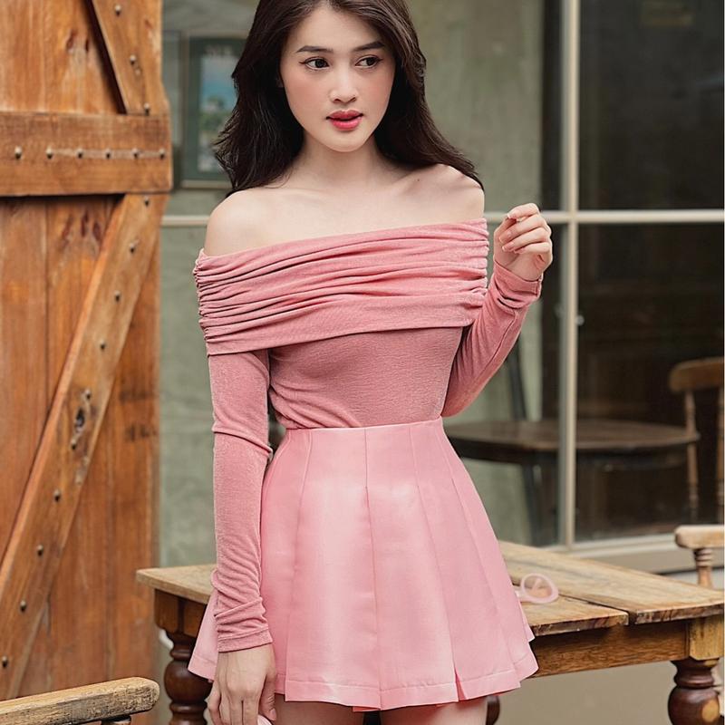 Set đồ nữ áo thun tay dài bẹt vai Phối chân váy xếp ly ( có quần bên trong) - Chất áo thun nhung và chân váy taffta kiểu nhẹ nhàng, áo girl phố Top Women