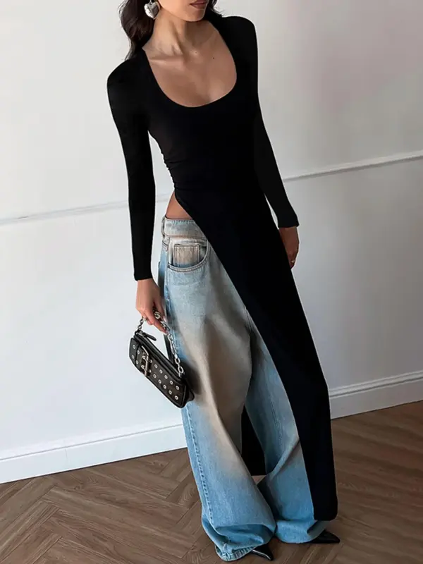 Women's Solid Asymmetrical Hem Scoop Neck Tee, Y2K Fashion Long Sleeve Longline Top for Party Club Holiday, Women Clothing for Fall & Winter 3